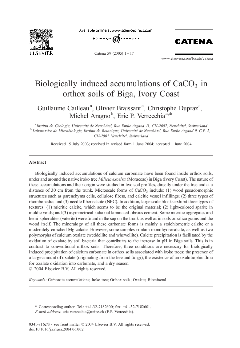 Biologically induced accumulations of CaCO3 in orthox soils of Biga, Ivory Coast