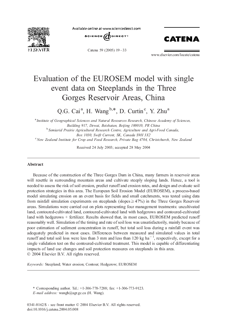 Evaluation of the EUROSEM model with single event data on Steeplands in the Three Gorges Reservoir Areas, China