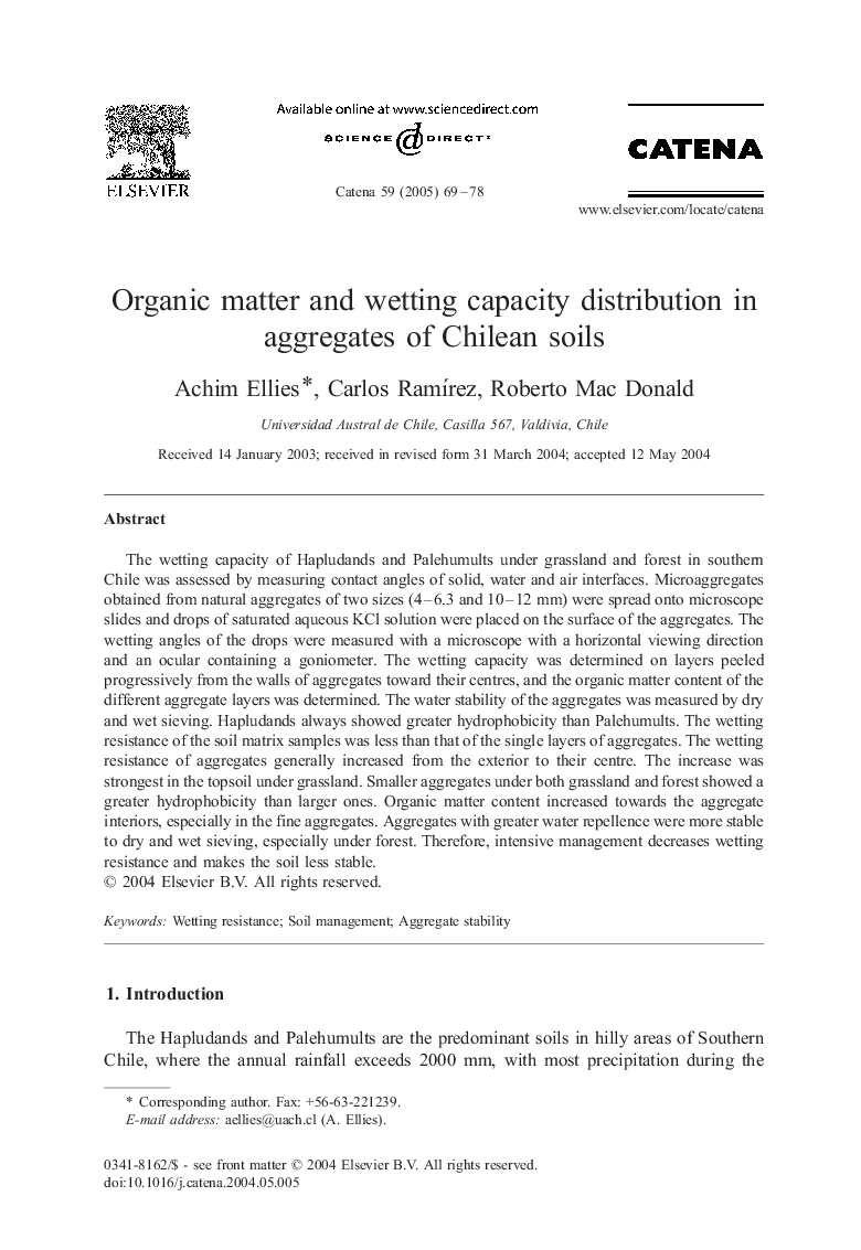 Organic matter and wetting capacity distribution in aggregates of Chilean soils