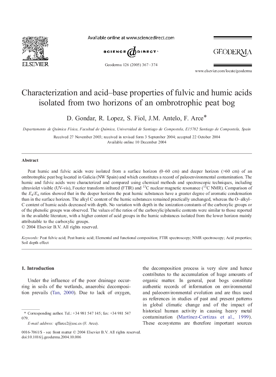 Characterization and acid-base properties of fulvic and humic acids isolated from two horizons of an ombrotrophic peat bog
