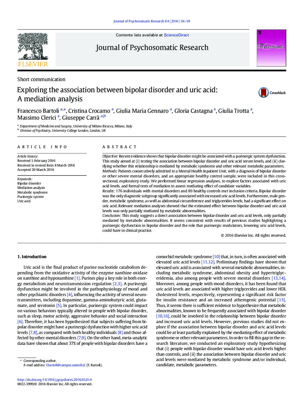 بررسی ارتباط بین اختلال دوقطبی و اسید اوریک: تجزیه و تحلیل میان جیگری