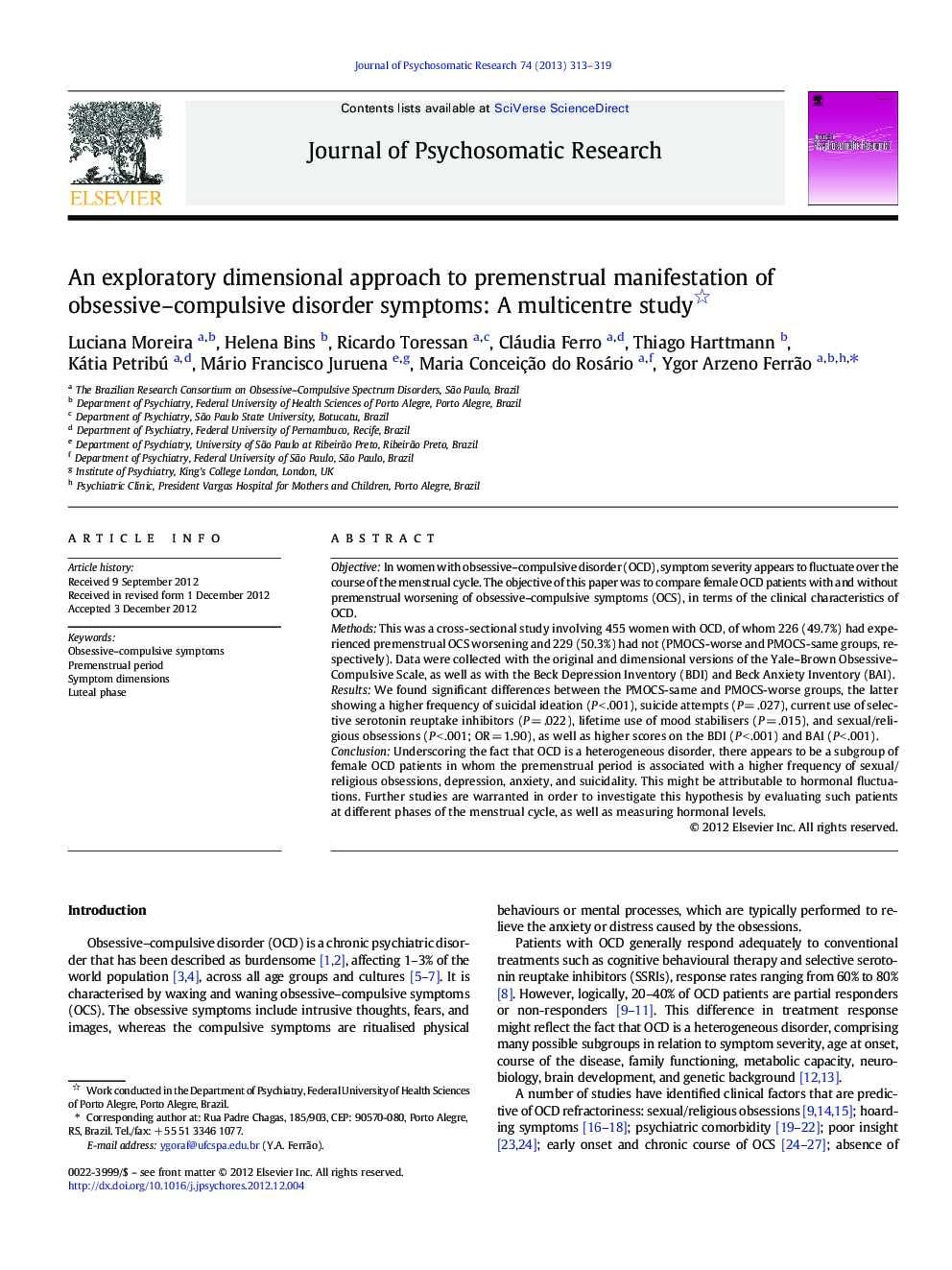 An exploratory dimensional approach to premenstrual manifestation of obsessive–compulsive disorder symptoms: A multicentre study 