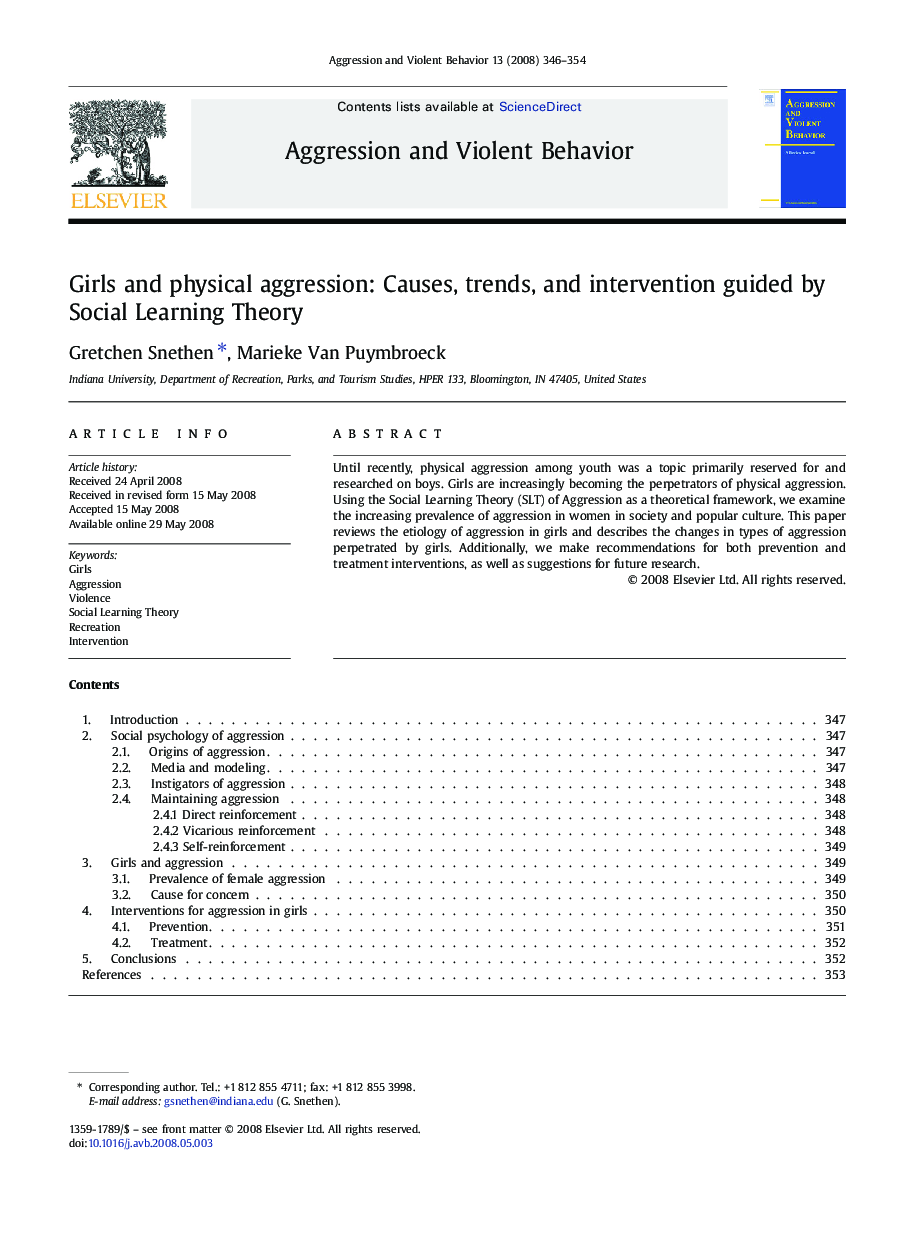 Girls and physical aggression: Causes, trends, and intervention guided by Social Learning Theory