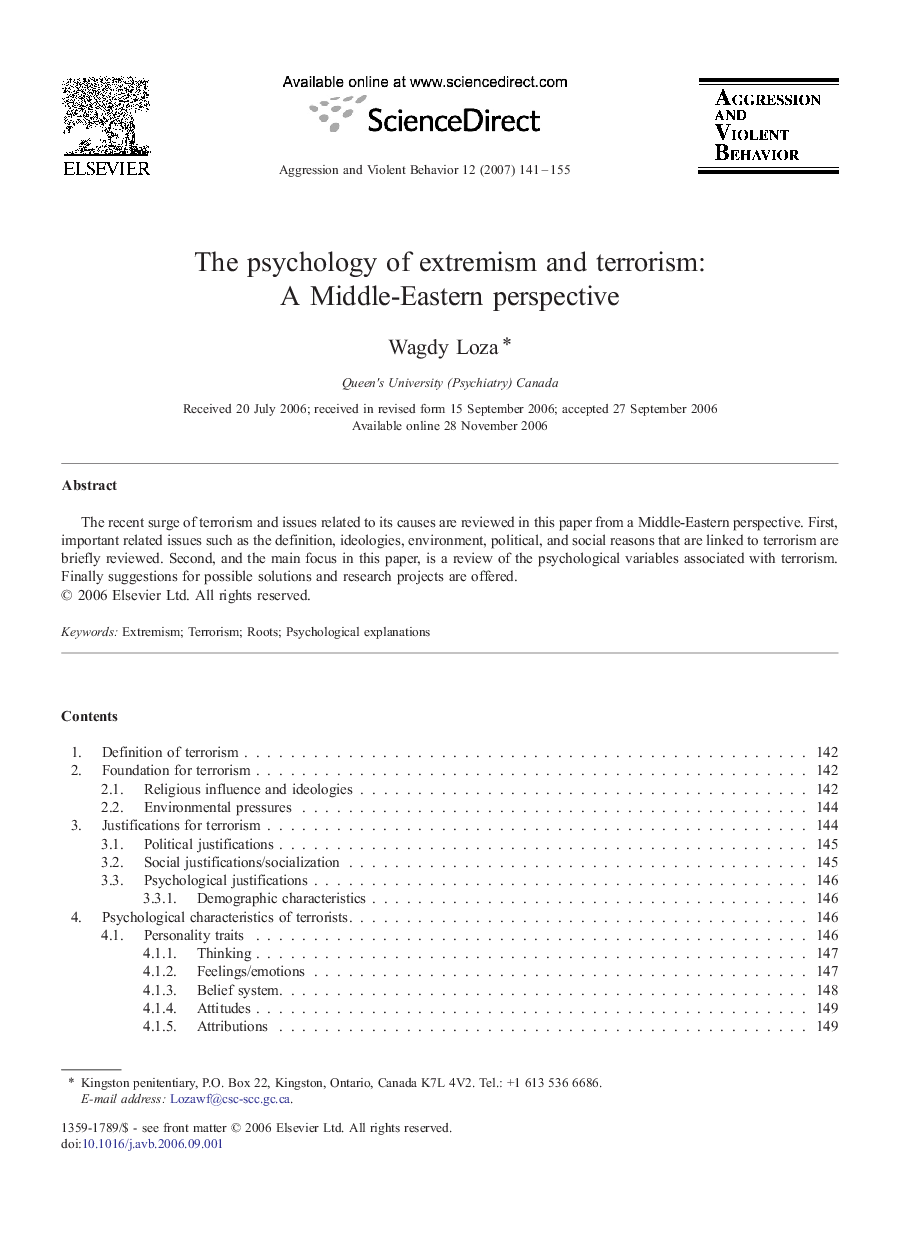 The psychology of extremism and terrorism: A Middle-Eastern perspective