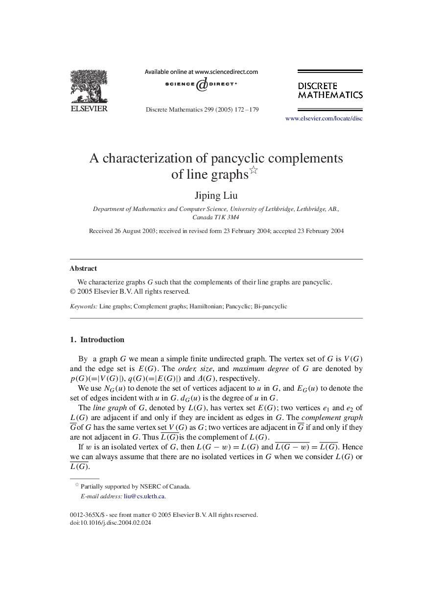 A characterization of pancyclic complements of line graphs