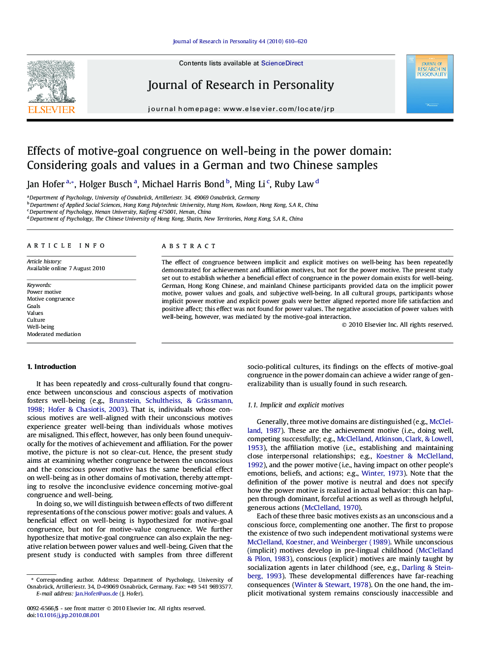 Effects of motive-goal congruence on well-being in the power domain: Considering goals and values in a German and two Chinese samples