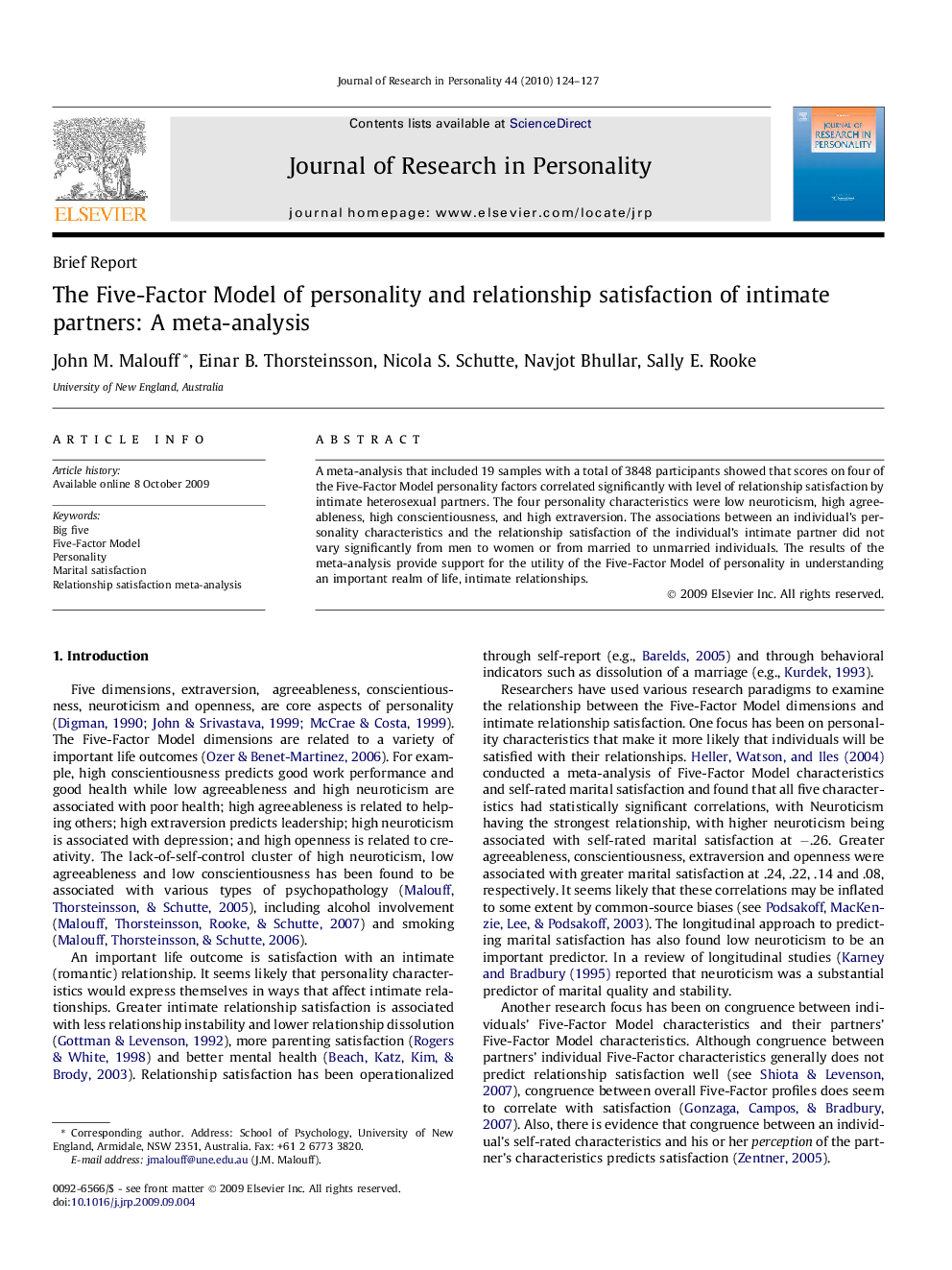 The Five-Factor Model of personality and relationship satisfaction of intimate partners: A meta-analysis