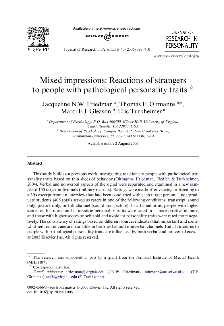 Mixed impressions: Reactions of strangers to people with pathological personality traits 
