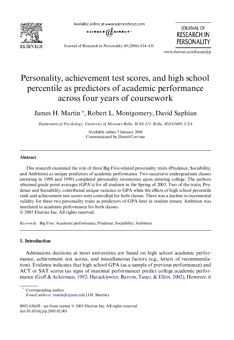 Personality, achievement test scores, and high school percentile as predictors of academic performance across four years of coursework