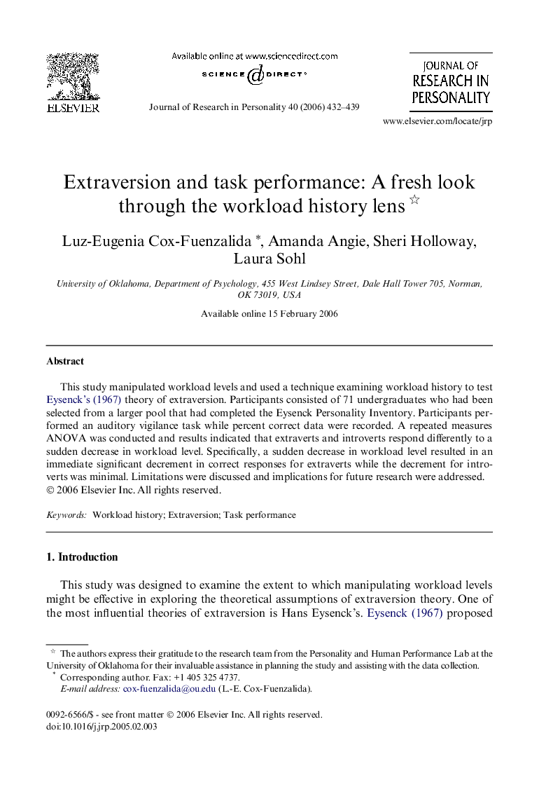 Extraversion and task performance: A fresh look through the workload history lens 