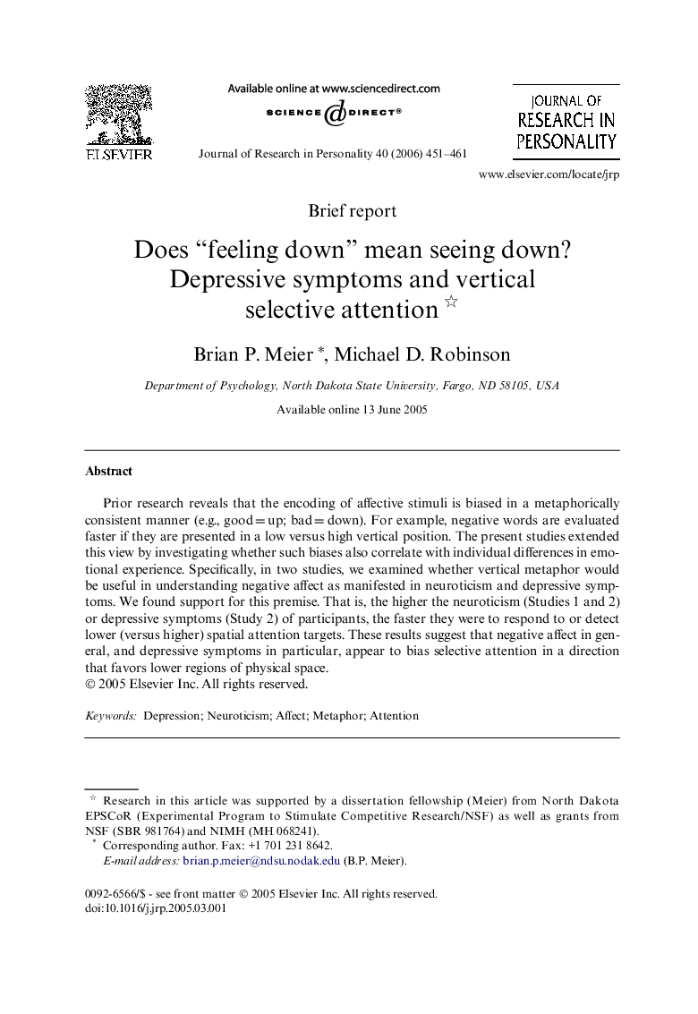 Does “feeling down” mean seeing down? Depressive symptoms and vertical selective attention 