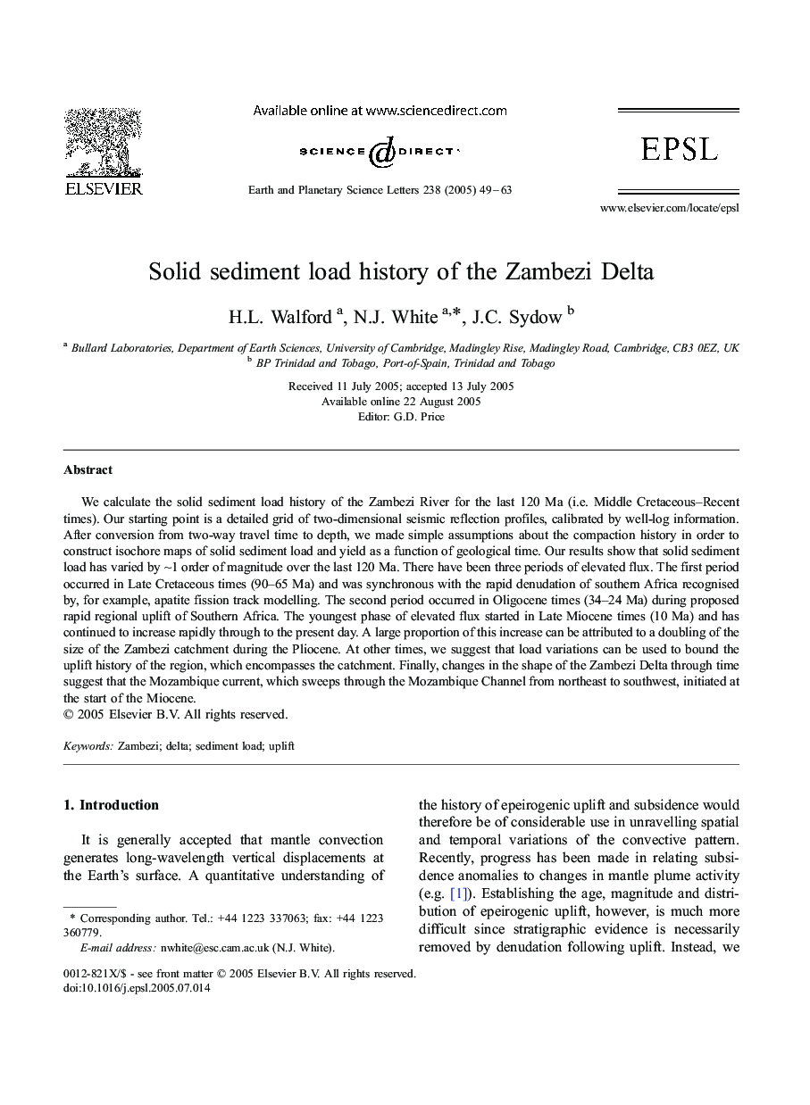 Solid sediment load history of the Zambezi Delta