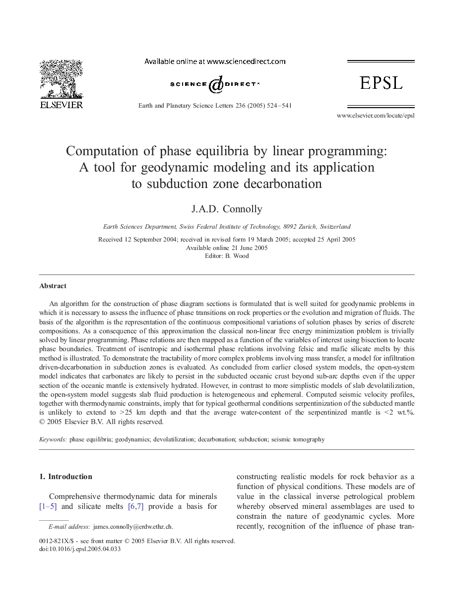 Computation of phase equilibria by linear programming: A tool for geodynamic modeling and its application to subduction zone decarbonation