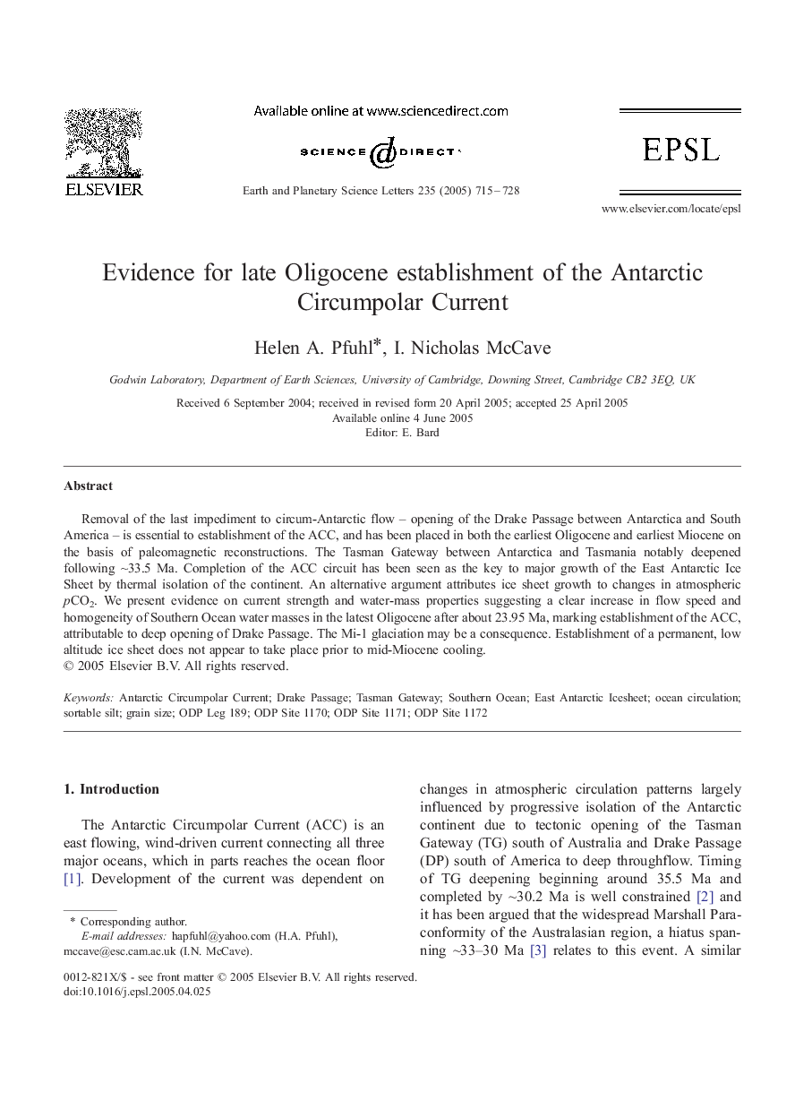 Evidence for late Oligocene establishment of the Antarctic Circumpolar Current