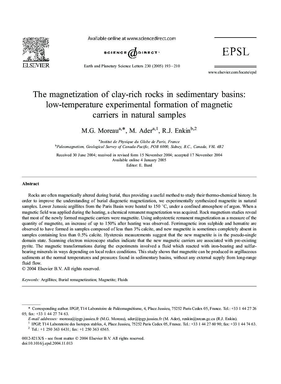 The magnetization of clay-rich rocks in sedimentary basins: low-temperature experimental formation of magnetic carriers in natural samples