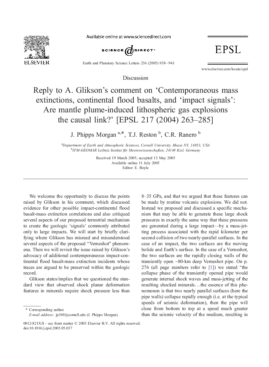 Reply to A. Glikson's comment on 'Contemporaneous mass extinctions, continental flood basalts, and 'impact signals': Are mantle plume-induced lithospheric gas explosions the causal link?' [EPSL 217 (2004) 263-285]