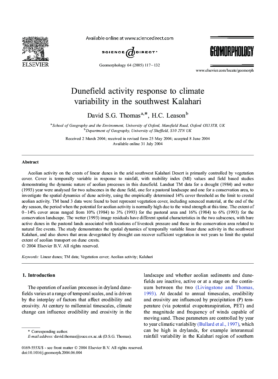 Dunefield activity response to climate variability in the southwest Kalahari