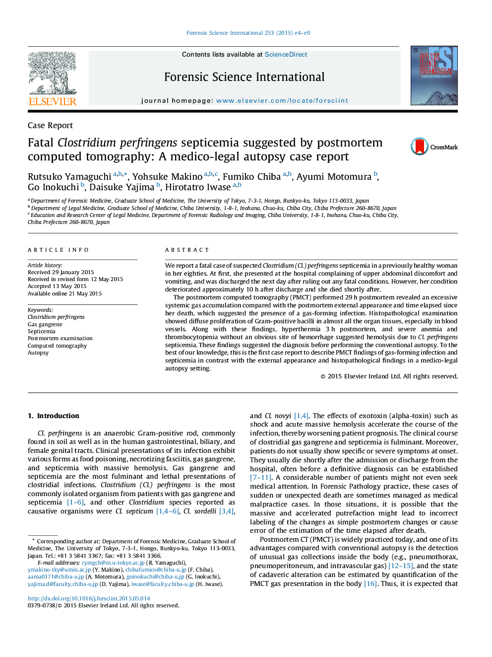 Clostridium perfringens سپتیکمی مرگبار پیشنهاد شده توسط توموگرافی کامپیوتری پس از مرگ: یک گزارش پزشکی مربوط به کالبدشکافی پزشکی قانونی