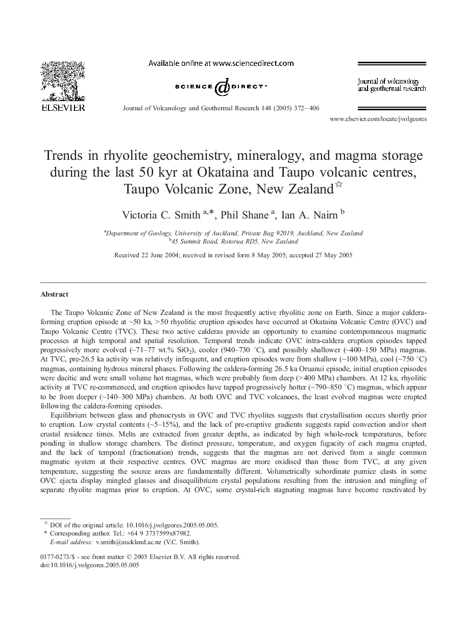 Trends in rhyolite geochemistry, mineralogy, and magma storage during the last 50 kyr at Okataina and Taupo volcanic centres, Taupo Volcanic Zone, New Zealand