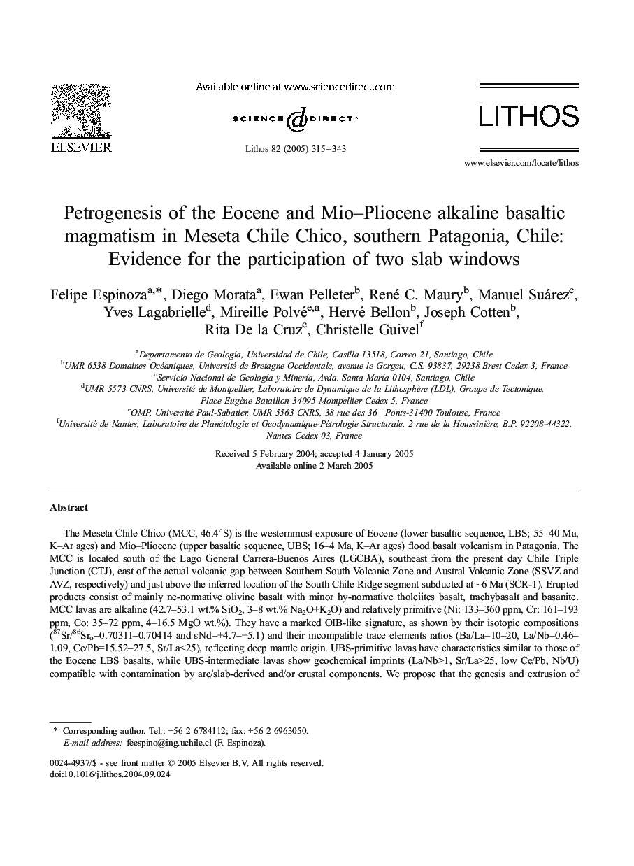Petrogenesis of the Eocene and Mio-Pliocene alkaline basaltic magmatism in Meseta Chile Chico, southern Patagonia, Chile: Evidence for the participation of two slab windows