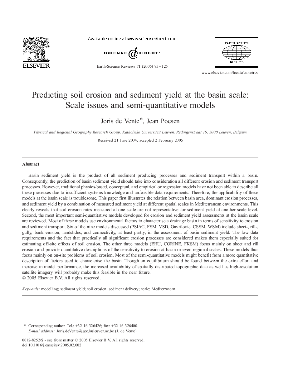 Predicting soil erosion and sediment yield at the basin scale: Scale issues and semi-quantitative models