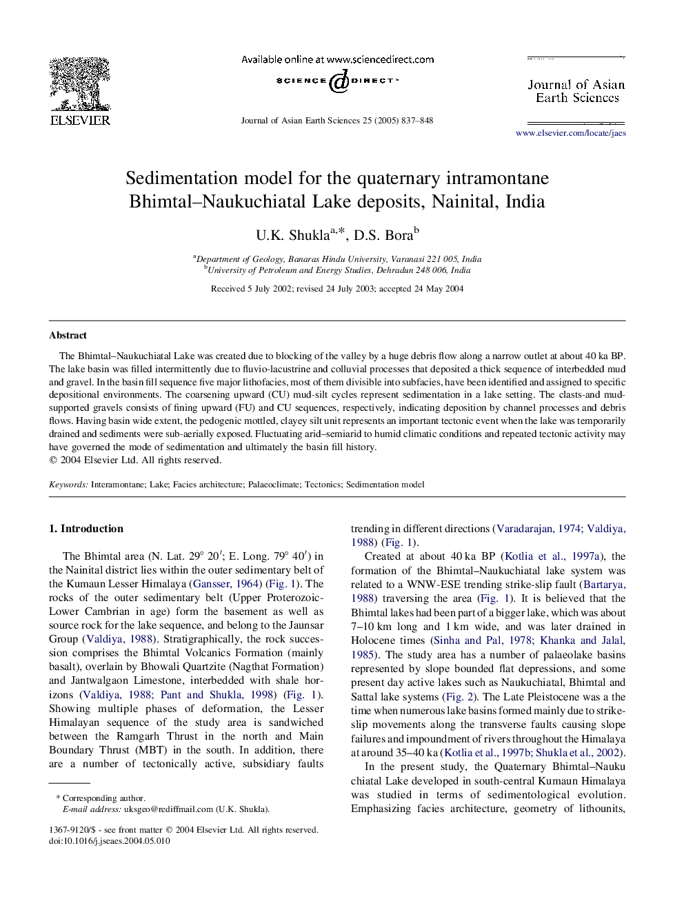 Sedimentation model for the quaternary intramontane Bhimtal-Naukuchiatal Lake deposits, Nainital, India