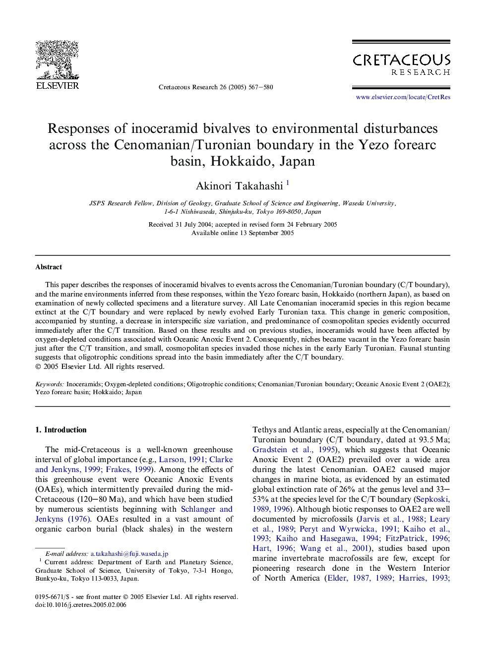 Responses of inoceramid bivalves to environmental disturbances across the Cenomanian/Turonian boundary in the Yezo forearc basin, Hokkaido, Japan