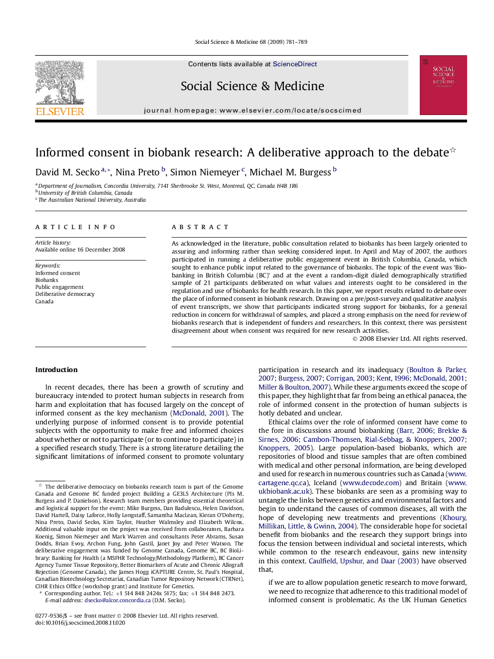 Informed consent in biobank research: A deliberative approach to the debate 