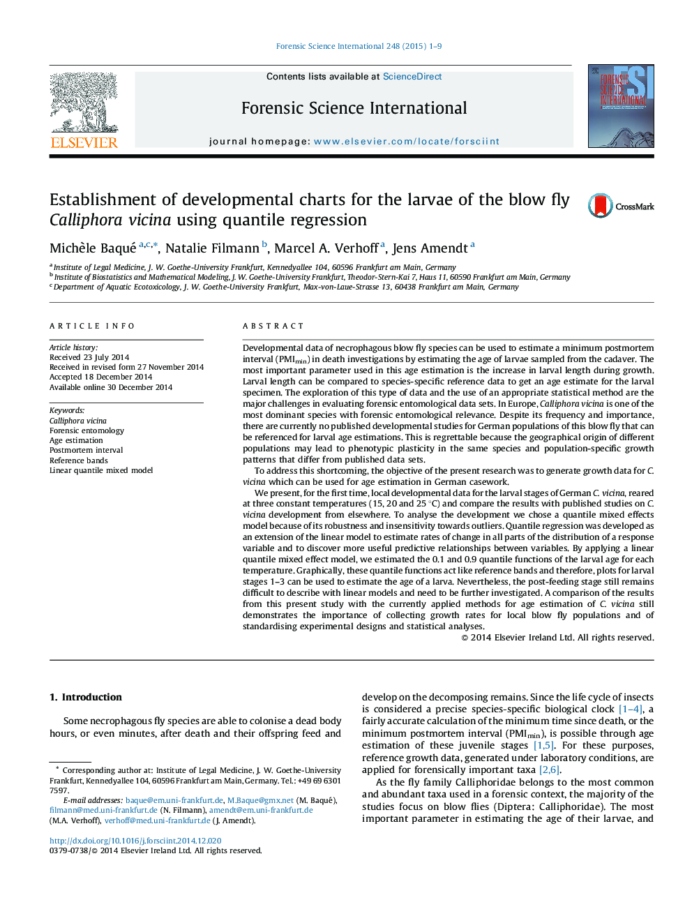 Establishment of developmental charts for the larvae of the blow fly Calliphora vicina using quantile regression