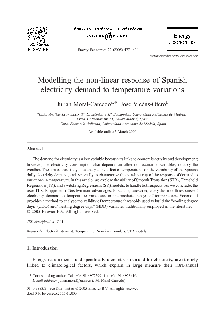 Modelling the non-linear response of Spanish electricity demand to temperature variations