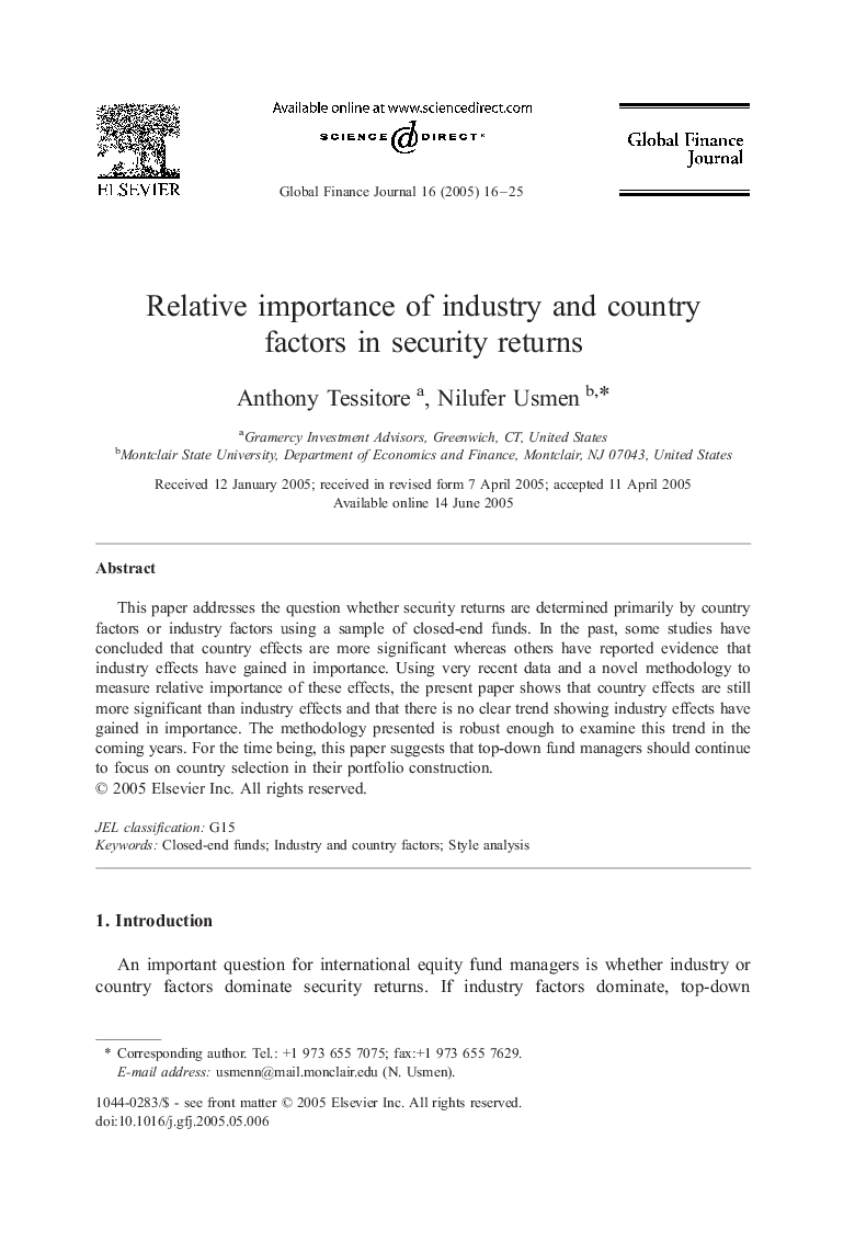 Relative importance of industry and country factors in security returns