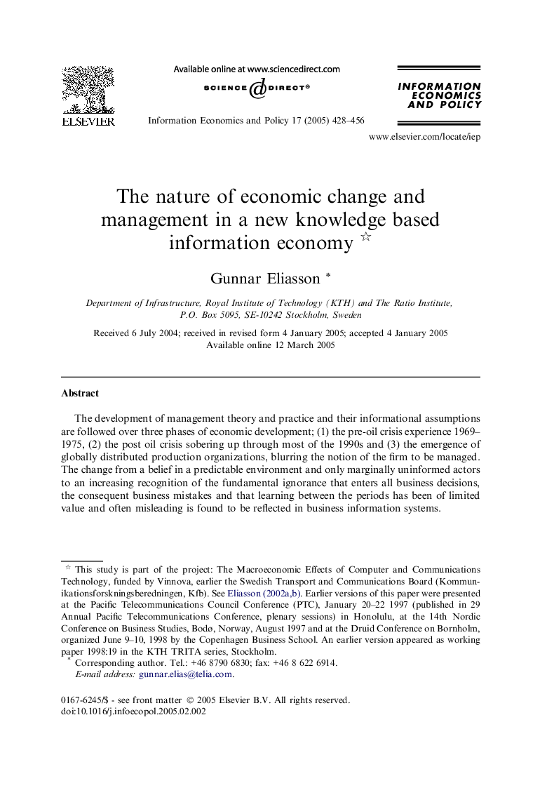 The nature of economic change and management in a new knowledge based information economy