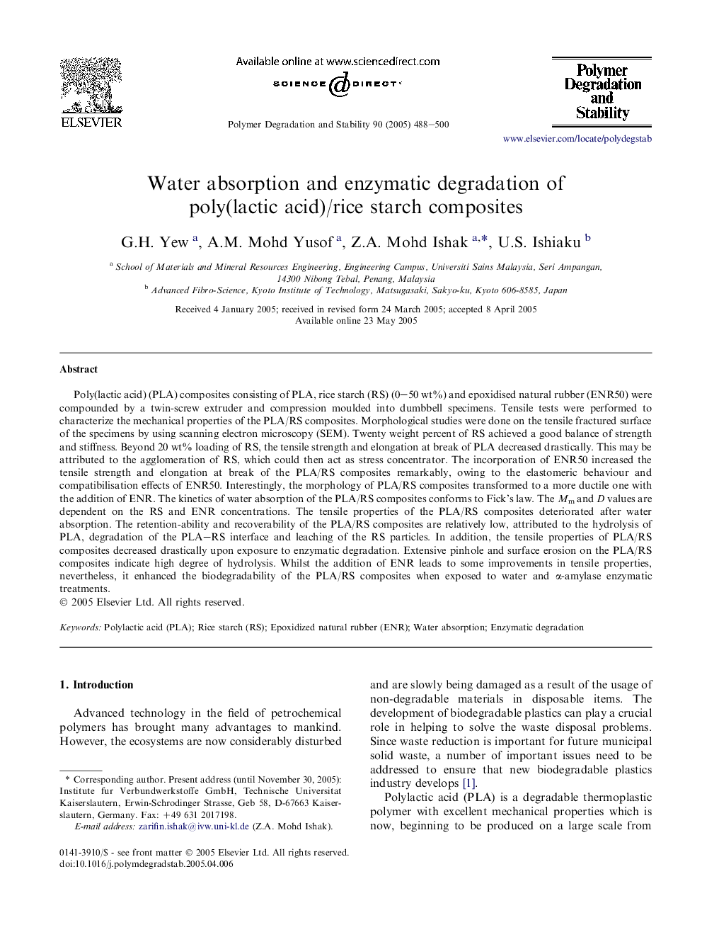 Water absorption and enzymatic degradation of poly(lactic acid)/rice starch composites