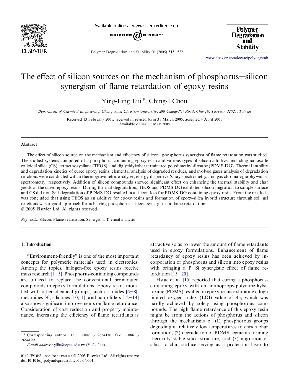 The effect of silicon sources on the mechanism of phosphorus-silicon synergism of flame retardation of epoxy resins