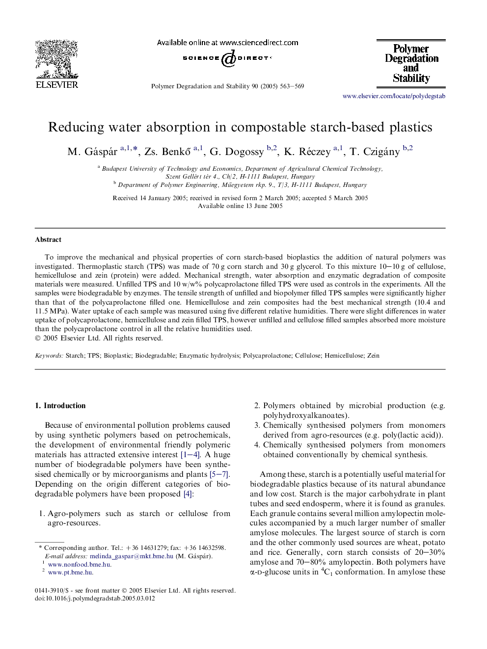 Reducing water absorption in compostable starch-based plastics