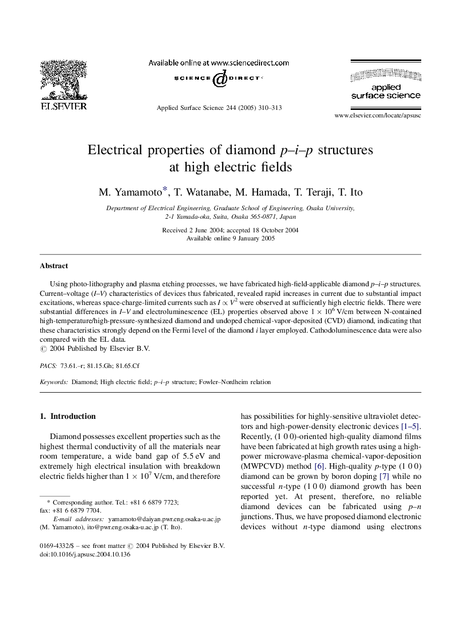 Electrical properties of diamond p-i-p structures at high electric fields