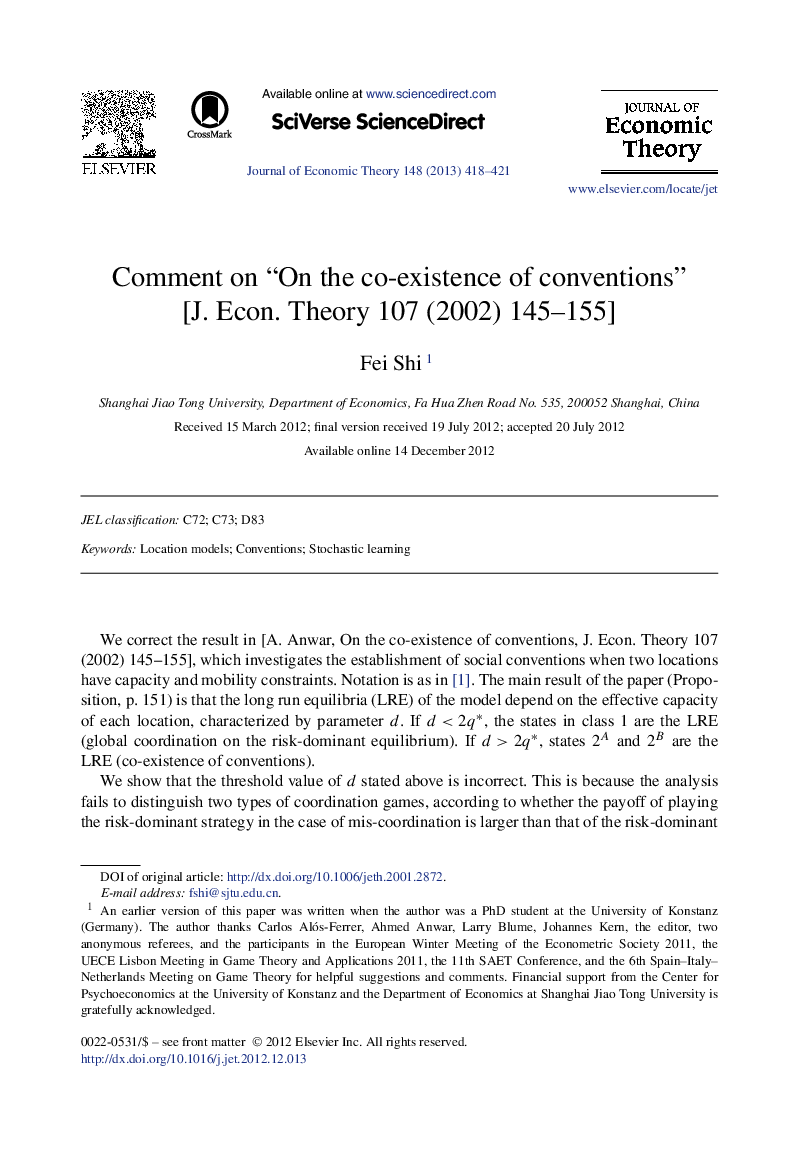 Comment on “On the co-existence of conventions” [J. Econ. Theory 107 (2002) 145-155]