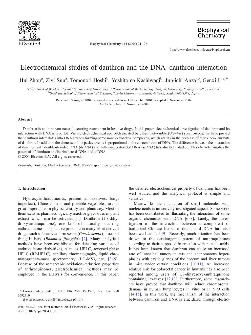 Electrochemical studies of danthron and the DNA-danthron interaction