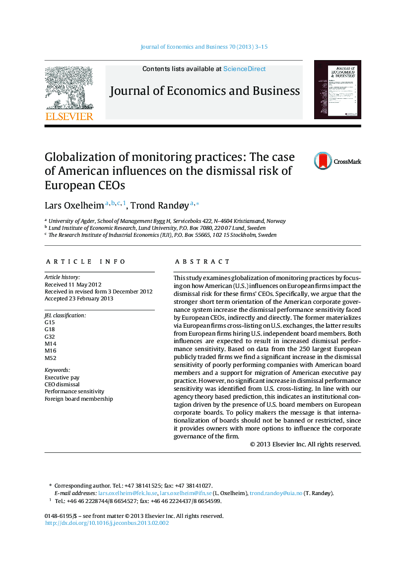 Globalization of monitoring practices: The case of American influences on the dismissal risk of European CEOs