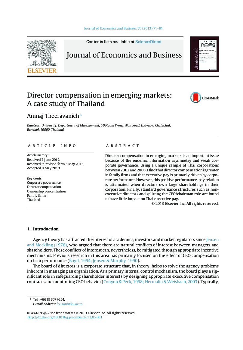 Director compensation in emerging markets: A case study of Thailand