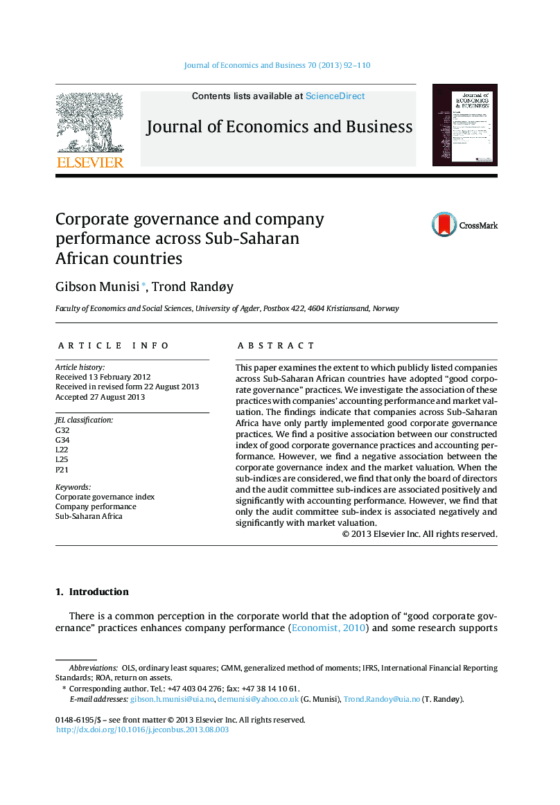 Corporate governance and company performance across Sub-Saharan African countries