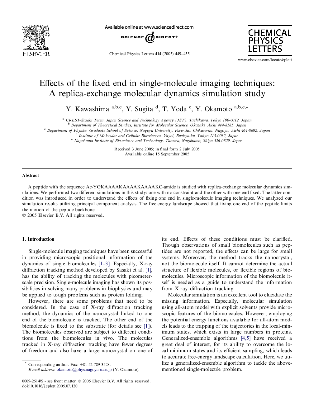 Effects of the fixed end in single-molecule imaging techniques: A replica-exchange molecular dynamics simulation study