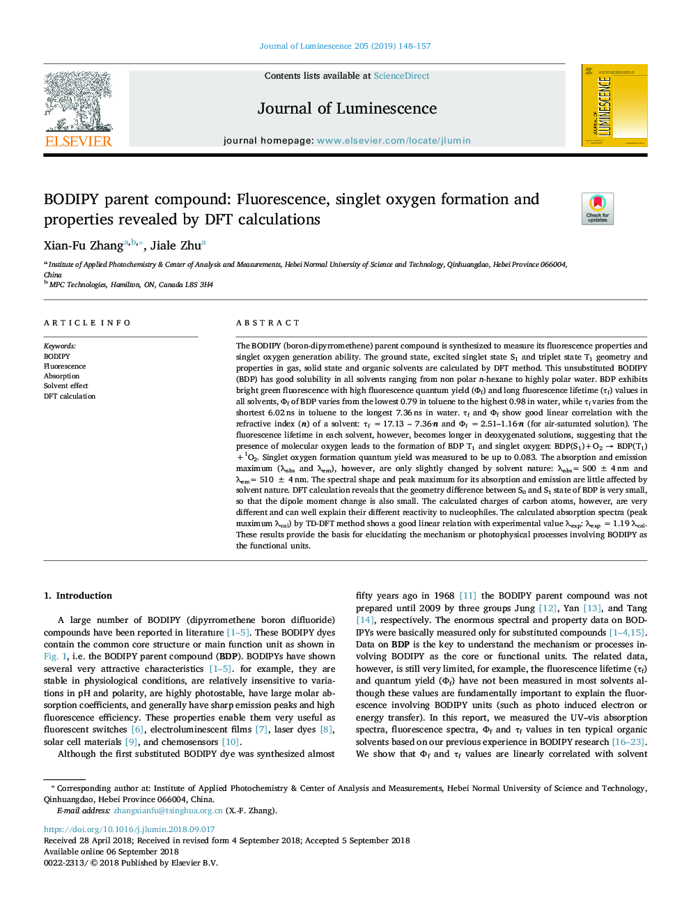 BODIPY parent compound: Fluorescence, singlet oxygen formation and properties revealed by DFT calculations