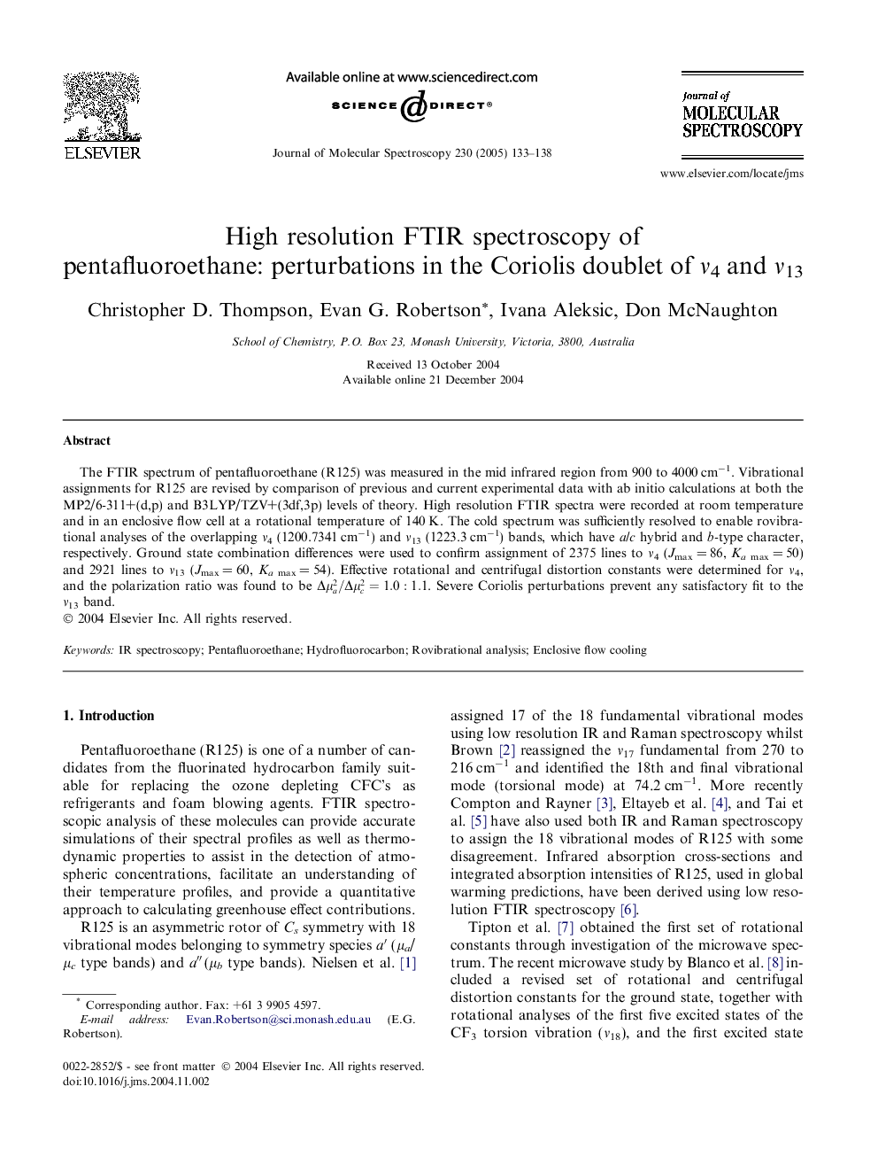 High resolution FTIR spectroscopy of pentafluoroethane: perturbations in the Coriolis doublet of Î½4 and Î½13