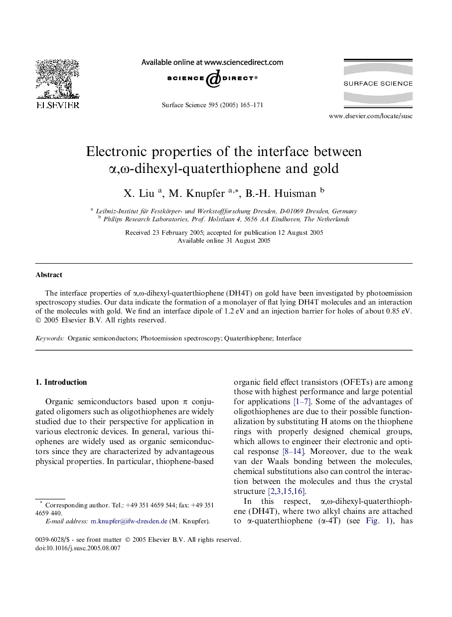 Electronic properties of the interface between Î±,Ï-dihexyl-quaterthiophene and gold