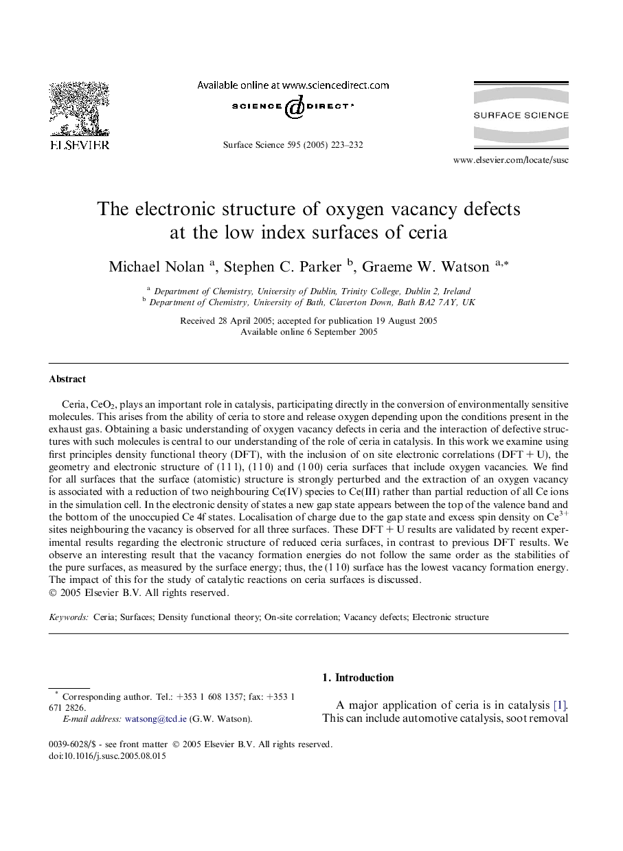 The electronic structure of oxygen vacancy defects at the low index surfaces of ceria