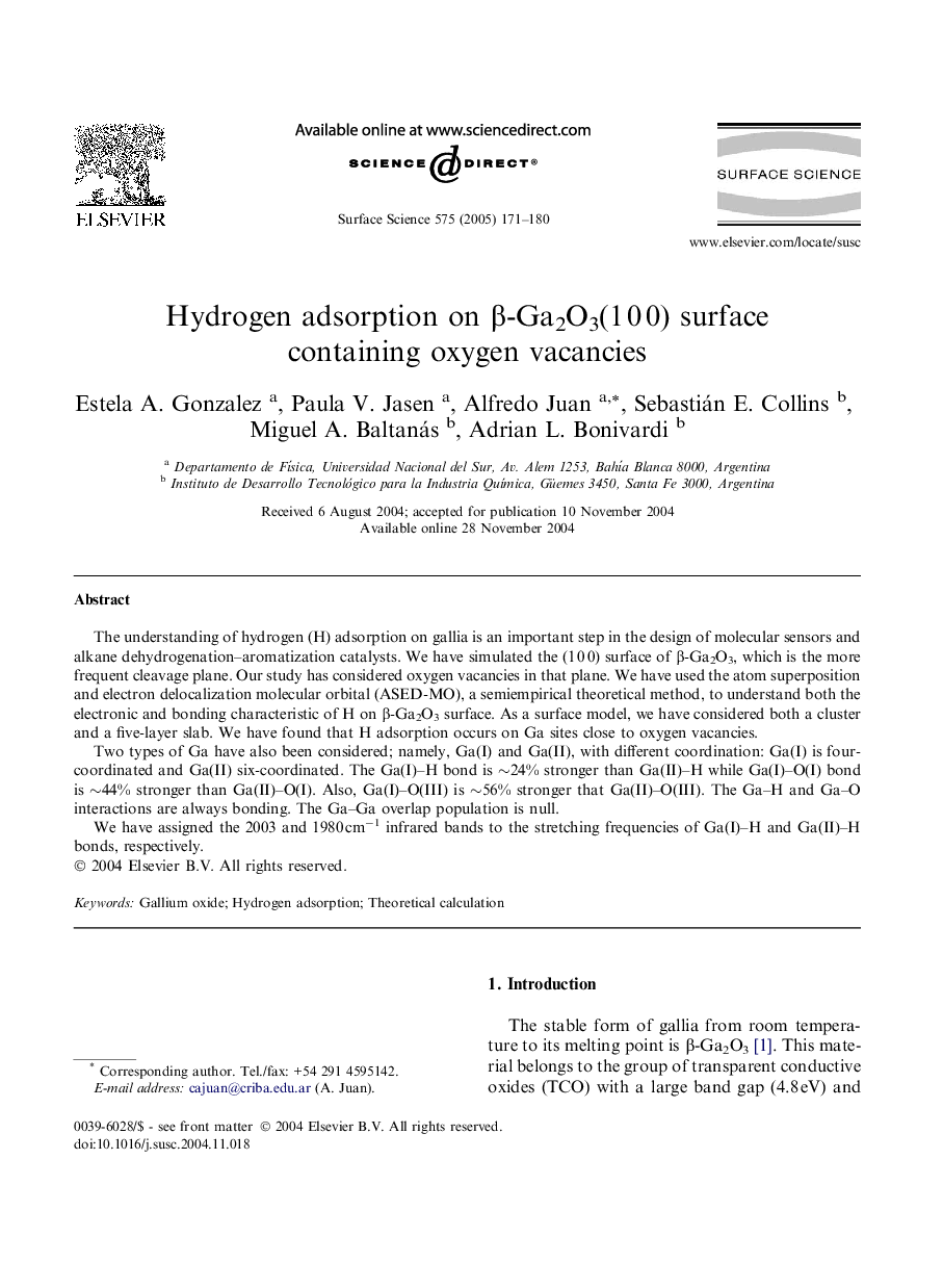 Hydrogen adsorption on Î²-Ga2O3(1Â 0Â 0) surface containing oxygen vacancies