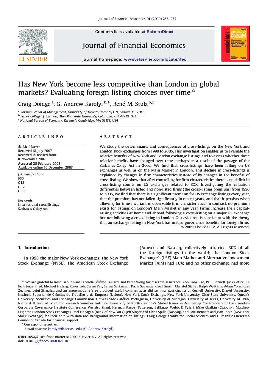 Has New York become less competitive than London in global markets? Evaluating foreign listing choices over time 