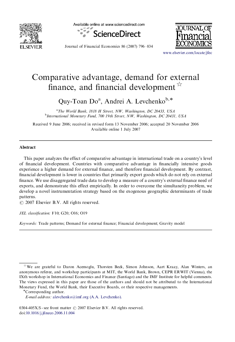 Comparative advantage, demand for external finance, and financial development 