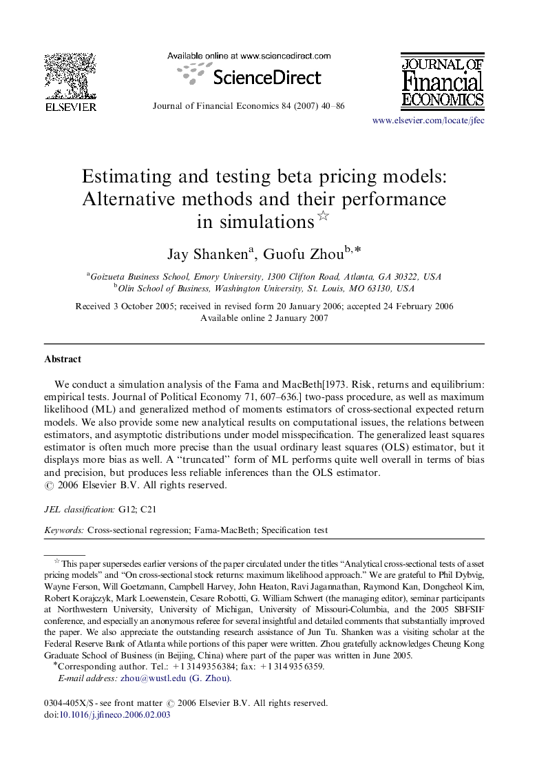 Estimating and testing beta pricing models: Alternative methods and their performance in simulations